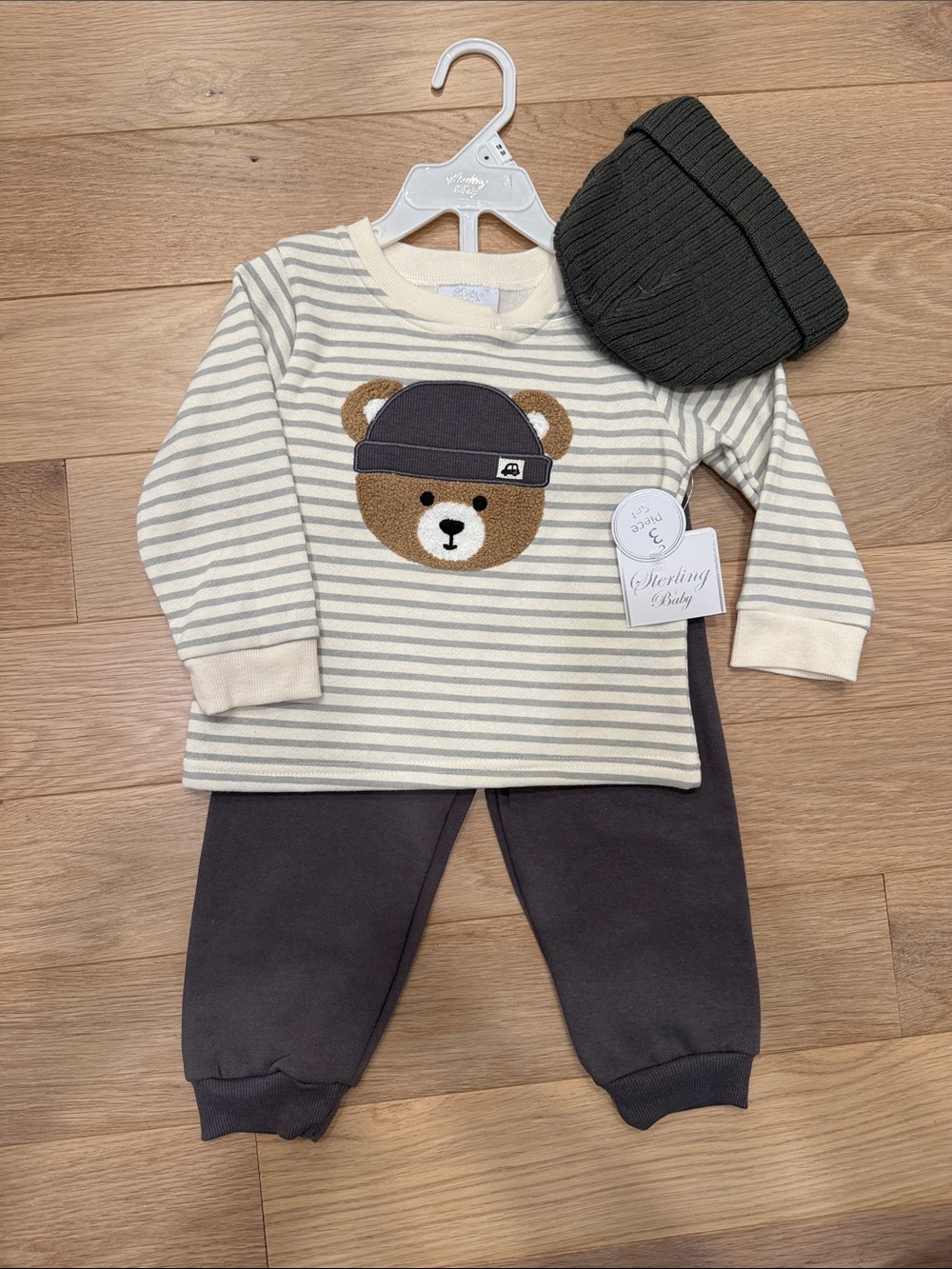 Sterling Baby Cream & Charcoal Brown Striped Bear Pajama Set - Kids